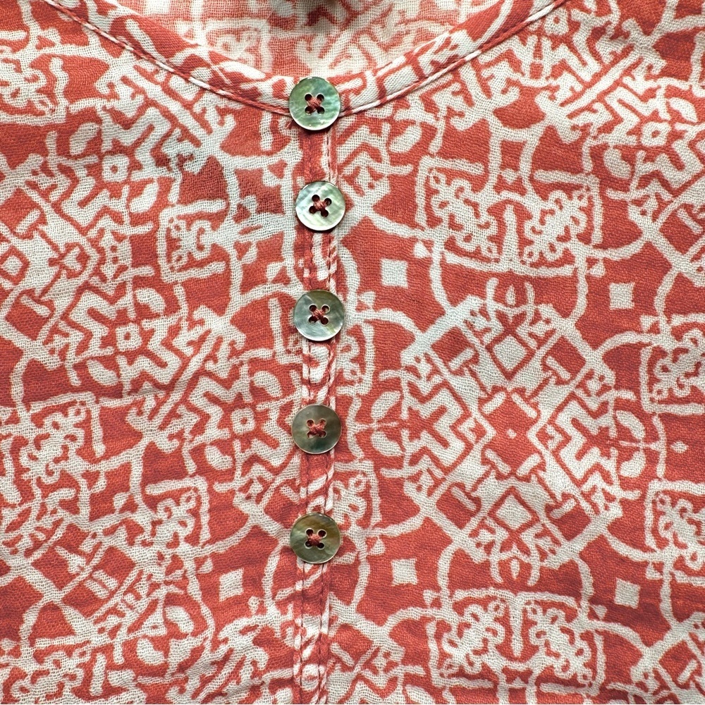 Chico’s Gauzy Tie Front 3/4 Sleeve Aztec Print Boho Popover Blouse in Watermelon - Picture 6 of 10